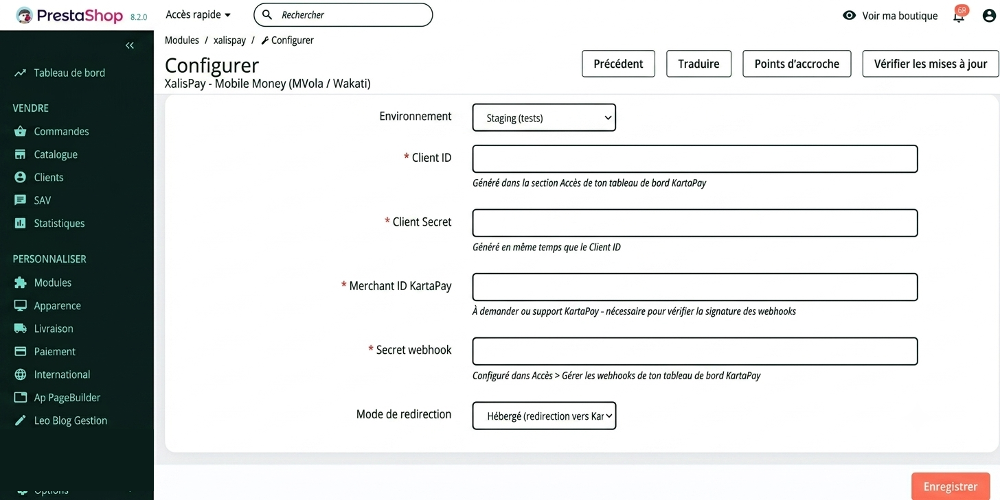 Configuration du module XalisPay dans le back-office PrestaShop
