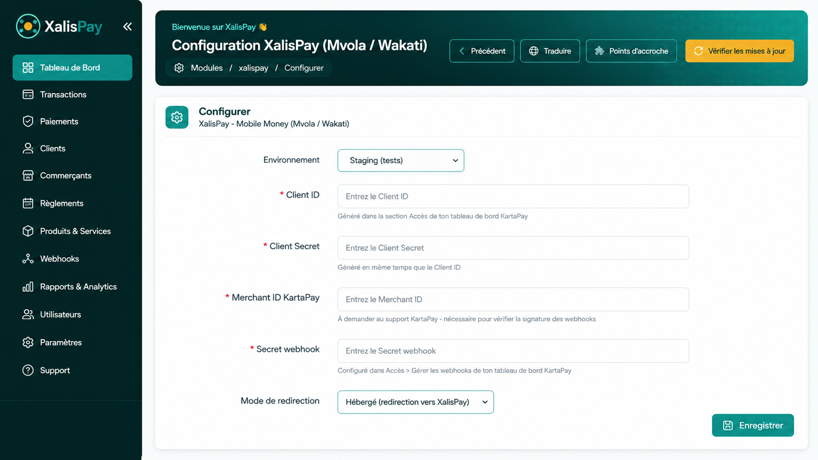 Configuration XalisPay (Mobile Money) dans un back-office e-commerce