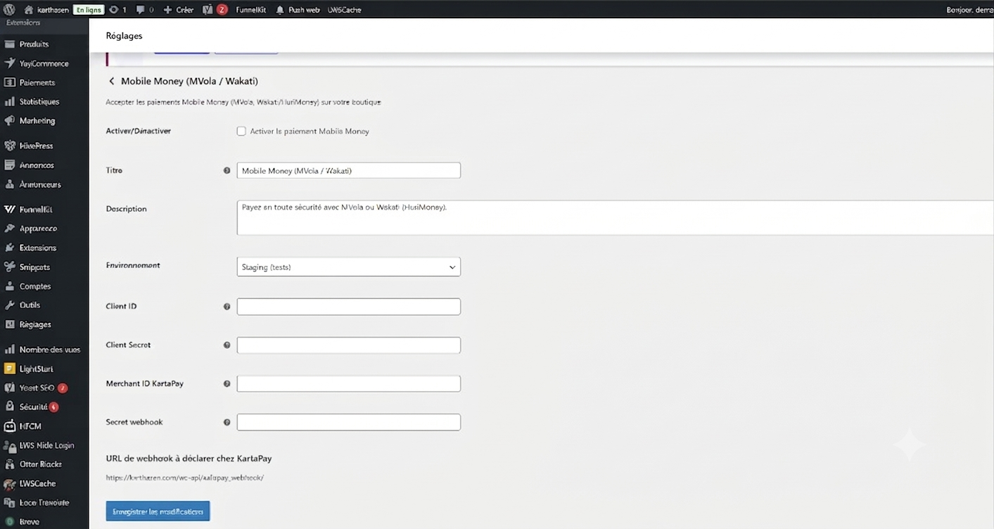 Configuration de l'extension XalisPay dans les réglages WooCommerce